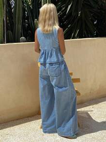 DAZY 2 piezas Conjunto de top sin mangas con cuello en V y pantalones anchos de pierna ancha casuales de verano para mujer, conjunto de ropa vaquera holgada para vacaciones, ropa de vuelta al colegio - Lavado ligero - Ver 4