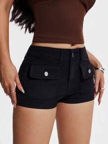 SHEIN EZwear Women's Utility Pocket Fitted Casual Versatile Denim Shorts