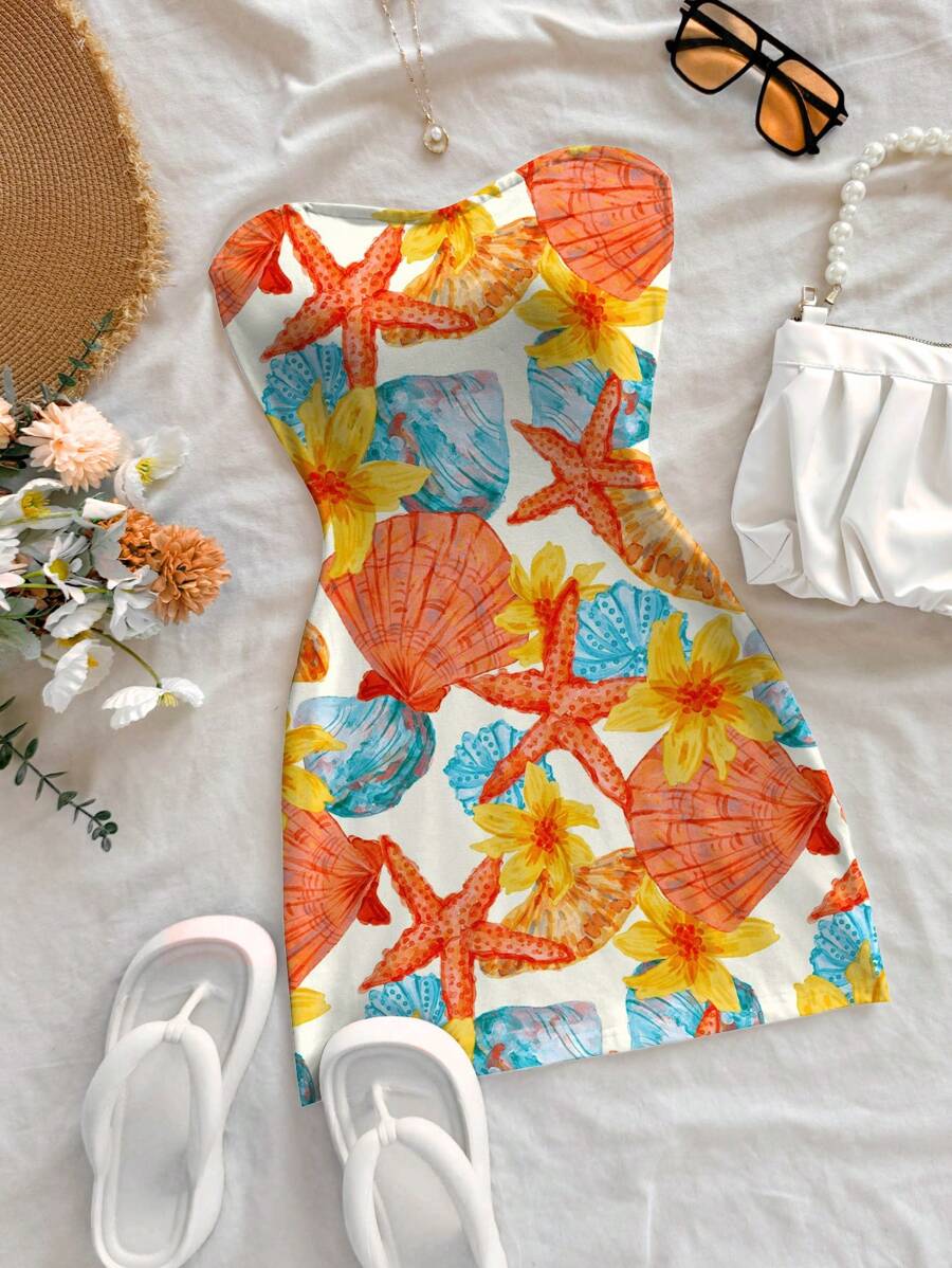 Soleia Vestido mini estampado con elementos acuáticos en naranja vibrante de acuarela para mujer, versátil y casual para uso diario, citas, te de la tarde, playa, crucero, vacaciones en la ciudad, adecuado para todas las estaciones, boda, playa, vacaciones de primavera/verano, crucero, vacaciones en una isla, festival de música, vacaciones bohemias