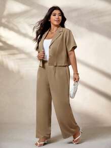 Calvaya Women Plus Size Khaki Short Sleeve Lapel Blazer Jacket And Elastic Waist Pants Office Suit Sets, Elegant Commuter Outfit For Summer Graduation,Back To School,Teacher Outfits For Women Women Pants Suit 2 Piece Casual Sets Women Women Two Piece Outfits Office Outfits For Women Set Pant Suit Summer Sets