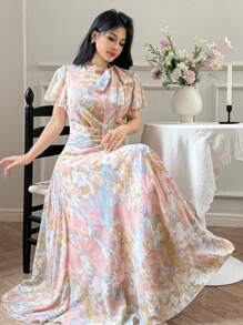 Modelyn Women's Floral Print Ruched Ruffled Collar Tie Waist Swing Dress - Pink - View 6