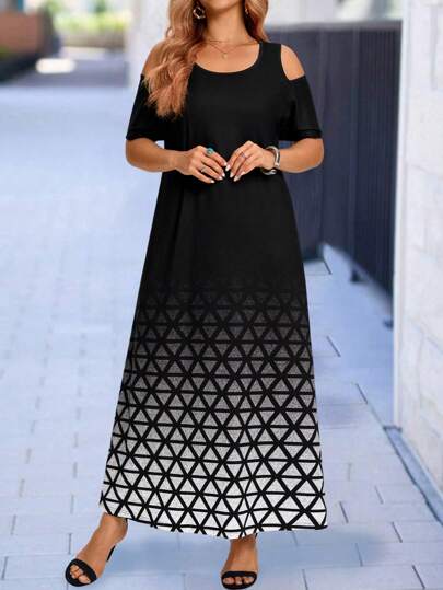 knee length dresses for ladies Plus Size Women Elegant Romantic Floral Print Mesh Inlay Kni  Negative  Apparel