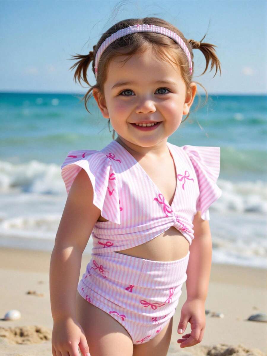 SHEIN Babygirl Cute Pink & White Striped Bow Cutout One-Piece Swimsuit, Summer - Pink - View 1