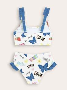 Young Girl Letter & Butterfly Print Frill Trim Bikini Set School Clothes Back To School Clothes Puppy Keep Puppy Graphic Tees - Multicolor - View 3
