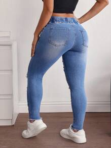 SHEIN SXY 大码女式抽绳腰口袋做旧紧身休闲牛仔裤 - 藍色 - 查看 3