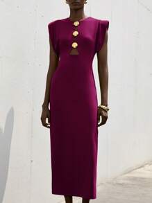 Aveloria Modichic Vestido con hebilla metálica hueca en la cintura y hombros dramáticos para mujer - Morado - Ver 6