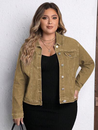 EMERY ROSE Plus Size Women's Long Sleeve Single-Breasted Casual Stretchy Denim Jacket