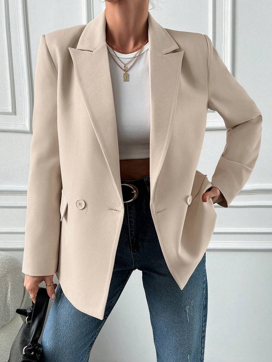 EURMUSE Lapel Neck Double Button Blazer - Beige - View 1