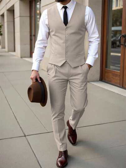 Calvornis Men's Classic Single-Breasted Vest And Pants Leisure Suit Vest For Men Men Suits Men Vest Suit Men S Light Brown Vest Suit