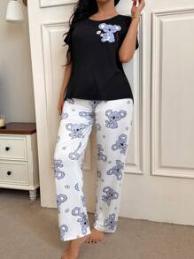 Cute Cartoon Print Casual Round Neck Short Sleeve Pants Sleepwear Set For Women - White - View 6