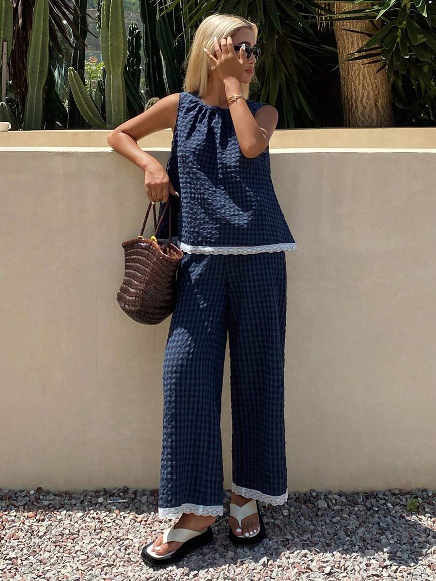 Livesso Women Two Pieces Outfits For Daily Wear Vacation - Navy Blue - View 1