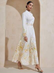 Graceveil 立领图案中长连衣裙（配腰带） - 黃色 - 查看 2