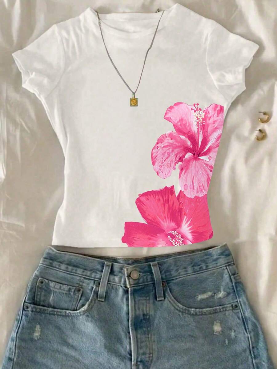 青少年女孩休闲舒适时尚芙蓉花图案短袖圆领 T 恤，适合夏季户外和度假 - 白色 - 查看 1