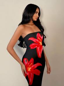 SHEIN BAE 休闲花卉印花抹胸修身连衣裙，完美适合夏季度假