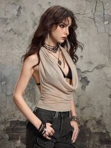 ROMWE Grunge Punk Y2K Vintage Apocalyptic Backless Halter Crop Tank Top - Apricot - View 5