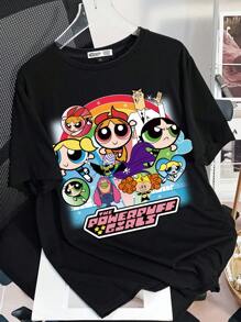 THE POWERPUFF GIRLS X SHEIN Crew Neck Loose Blossom, Bubbles, Buttercup Pattern Black Short Sleeve T-Shirt For Summer