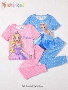 SHEIN Conjunto de pijama ajustado de 4 piezas con estampado de corazón y estrella para niña, con top de manga corta y pantalones, en estilo princesa rosa y azul