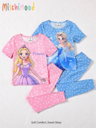 SHEIN 4 件套少女心形和星星印花舒适睡衣套装，含短袖上衣和裤子，粉色和蓝色公主风格