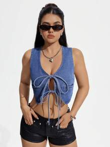 SHEIN PETITE Women's Front Tie Sexy Cropped Denim Vest Top ,Petite Women - Blue - View 1