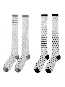 ROMWE Kawaii 透气网眼不对称波尔卡圆点中筒袜，百搭时尚休闲短袜，春夏