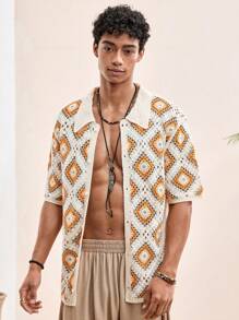 Manfinity BRENVOR 男士度假休闲几何镂空针织开衫 男士钩针衬衫 男士波西米亚风衬衫 男士度假装 男士沙滩衬衫 男士度假衬衫 男士沙滩上衣 男士度假衬衫 - 彩色 - 查看 3