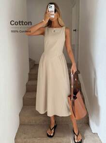 Easowa Crew Neck Waist Gather Ruched A-Line Dress, Casual Resort Elegant Midi Dress For Women, Spring/Summer, Cotton Fabric Drop Waist Dress Old Money Style Women Island Vacation Outfits Summer Dresses For Women Vacation Outfits Women Strapless Dress Airport Outfit For Women Boho Dress Women,Business Casual Woman Business Women Attire - Apricot - View 1