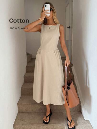 Easowa Crew Neck Waist Gather Ruched A-Line Dress, Casual Resort Elegant Midi Dress For Women, Spring/Summer, Cotton Fabric Drop Waist Dress Old Money Style Women Island Vacation Outfits Summer Dresses For Women Vacation Outfits Women Strapless Dress Airport Outfit For Women Boho Dress Women,Business Casual Woman Business Women Attire