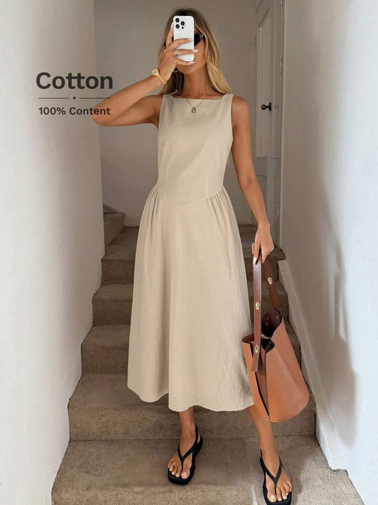 Easowa 圆领腰部褶皱 A 字形连衣裙，休闲度假优雅中长连衣裙，女士春夏装，棉质面料 - 杏色 - 查看 1