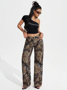 SHEIN PETITE Quần Jeans Ống Rộng Túi Họa Tiết Nhánh Cho Nữ Thường Ngày - xanh quân đội - Xem 4