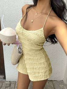 SHEIN Unity Women's Multi-Layer Ruffle Textured Lace Knit Fabric Cute Cinched Waist Backless Tie-Up Sexy Romper Outfit - Yellow - View 4