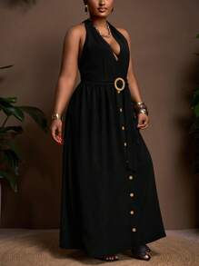 Veslaya 2025 春夏新款时尚休闲度假、日常外出、优雅通勤性感黑色纯色宽松无袖深 V 领露背系带前腰带圆扣装饰编织纹理面料女式大码长裙 - 黑色 - 查看 5