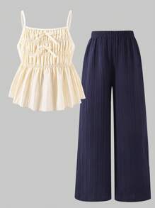 SHEIN 2 件套春夏青少年女孩休闲甜美可爱纹理褶皱宽松背心和阔腿裤套装，适合日常通勤、度假、休闲装 - 杏色 - 查看 8