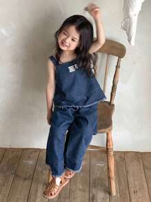 DAZY 2 件套年轻女孩夏季可爱水洗衬衫和吊带搭配宽松牛仔阔腿裤套装 - 藍色 - 查看 5