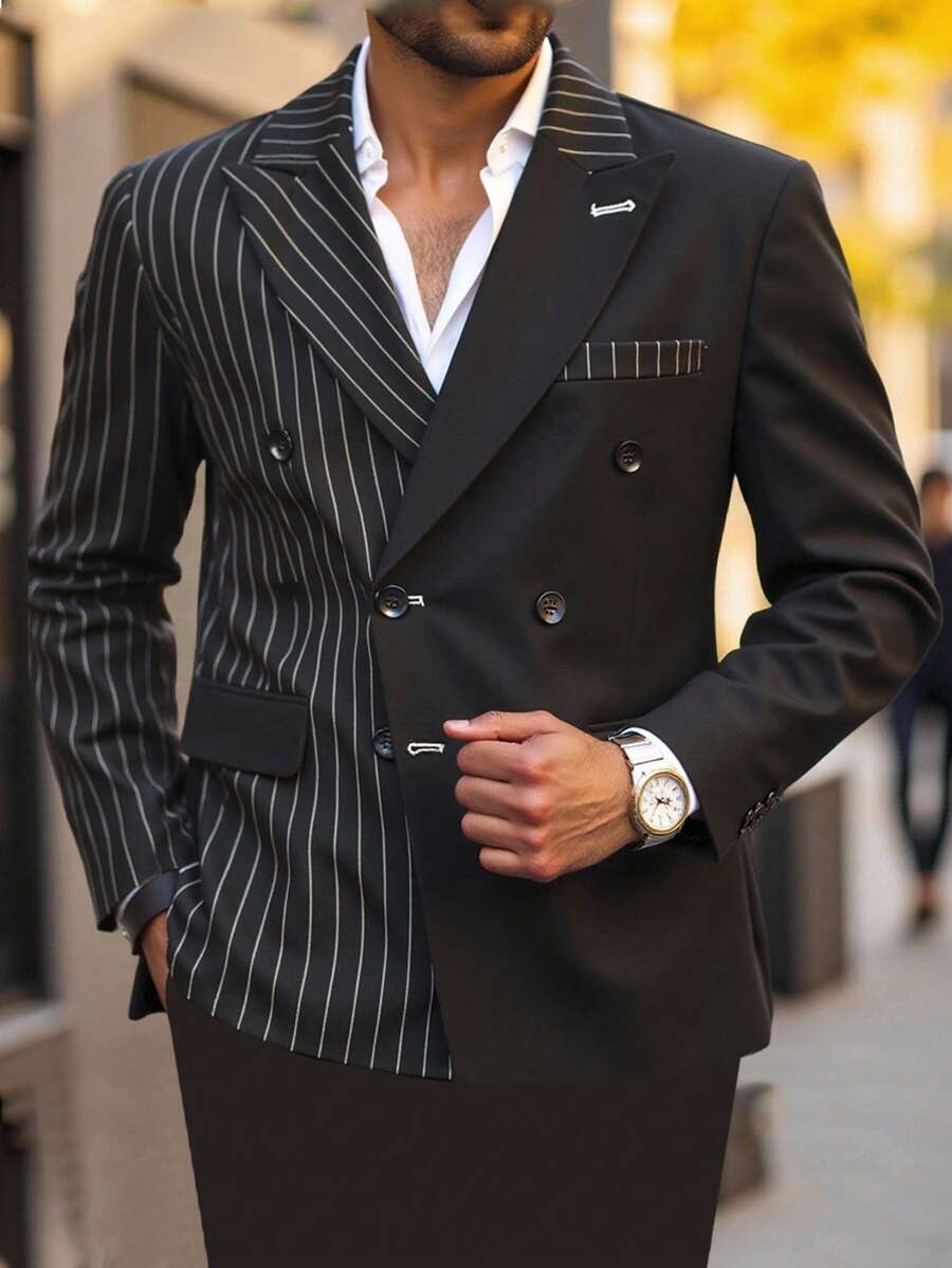 Manfinity Bizformal Men's Striped Fashion Regular Shoulder Business Suit Jacket - Black - View 1