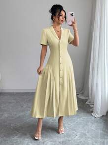 Elenzga Women's Spring/Summer French Elegant Formal Slim Fit Collared Button Front Short Sleeve Dress - Light Yellow - View 1