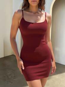 INAWLY Women Solid Color Simple Casual Spaghetti Strap Dress - Burgundy - View 6