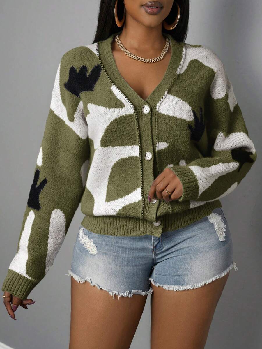 Slaydiva Autumn And Winter New Casual Simple Sports V-Neck Long-Sleeved Off-Shoulder Black And Gray Cow Pattern Woolen Jacket Women's Cardigan-A - Army Green - View 1