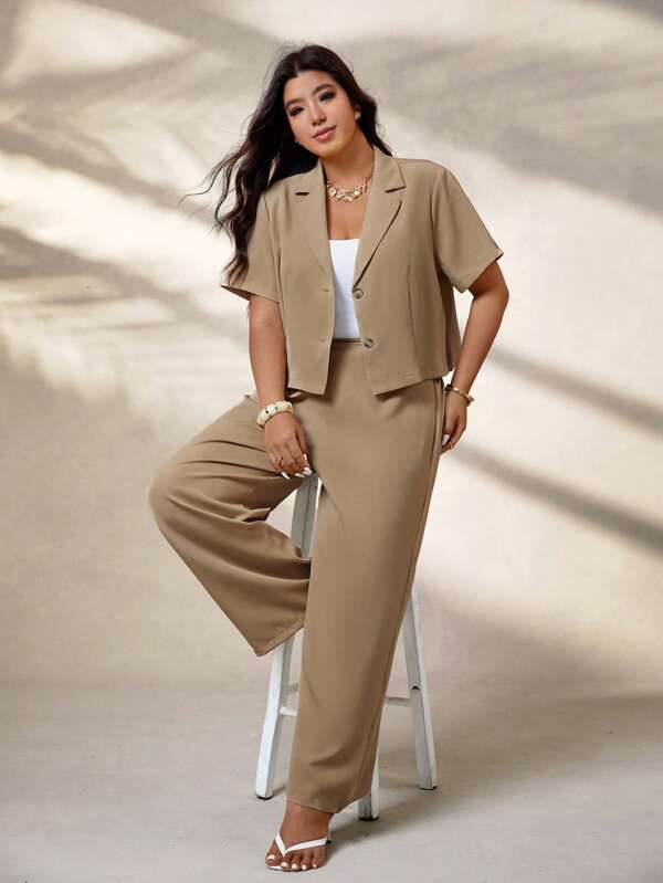 Calvaya Women Plus Size Khaki Short Sleeve Lapel Blazer Jacket And Elastic Waist Pants Office Suit Sets, Elegant Commuter Outfit For Summer Graduation,Back To School,Teacher Outfits For Women Women Pants Suit 2 Piece Casual Sets Women Women Two Piece Outfits Office Outfits For Women Set Pant Suit Summer Sets