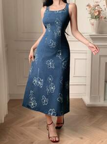 DAZY Sleeveless Floral Print Square Neck Women Denim Dress Summer Women Dresses - Medium Wash - View 3