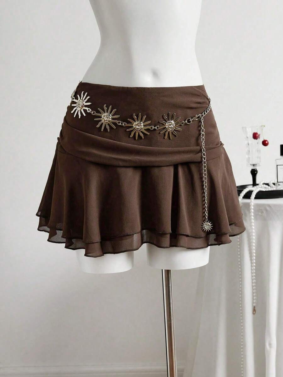 Elamini Women's Plain Minimalist Metal Waist Belt Design Skirt