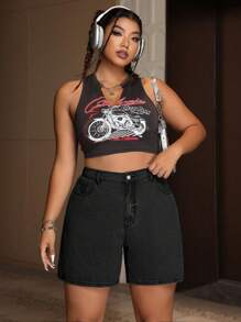 SHEIN EZwear 大码休闲百搭纯色高腰牛仔短裤 - 黑色 - 查看 5