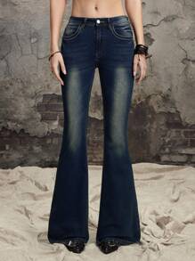 ROMWE Grunge Punk Summer Nashville Concert Vintage Washed Cat Whiskers Tight Fit Flare Women Jeans