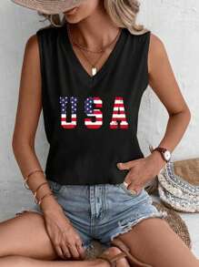EMERY ROSE 美国独立日美国国旗字母印花极简黑色修身V领背心，适合大码女性，夏季百搭印花上衣 - 黑色 - 查看 4