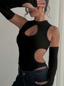 INAWLY Solid Cut Out Bodysuit With Arm Sleeves Fall Cloth For Women - Black - View 5