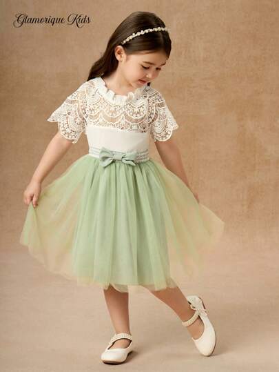 SHEIN Glamorique Kids 女童幼儿半高荷叶边领蕾丝袖网眼薄纱派对连衣裙，春夏