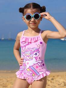 Traje de baño de una pieza para niñas, con tirantes ajustables, volantes, diseño de unicornio y aberturas de piernas con volantes