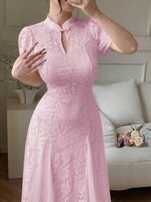 Modelyn Women's Elegant Solid Color Lace Patchwork Dress - Pink - View 4