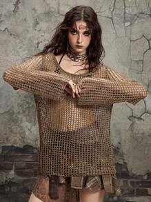 ROMWE Grunge Punk 女式 Y2K 复古做旧超大不对称领口镂空针织上衣针织套头衫秋冬