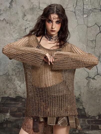 Grunge Punk Women's Y2K Vintage Distressed Look Oversized Asymmetrical Neck Hollow Out Knit Top Knit Pullover Fall Winter Outfit