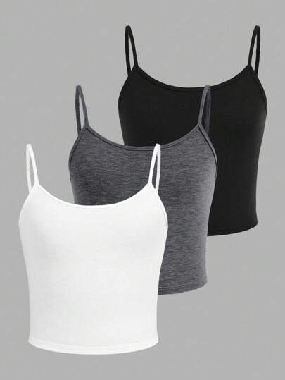 青少年女孩 3 件套简约纯色吊带背心贴身套装